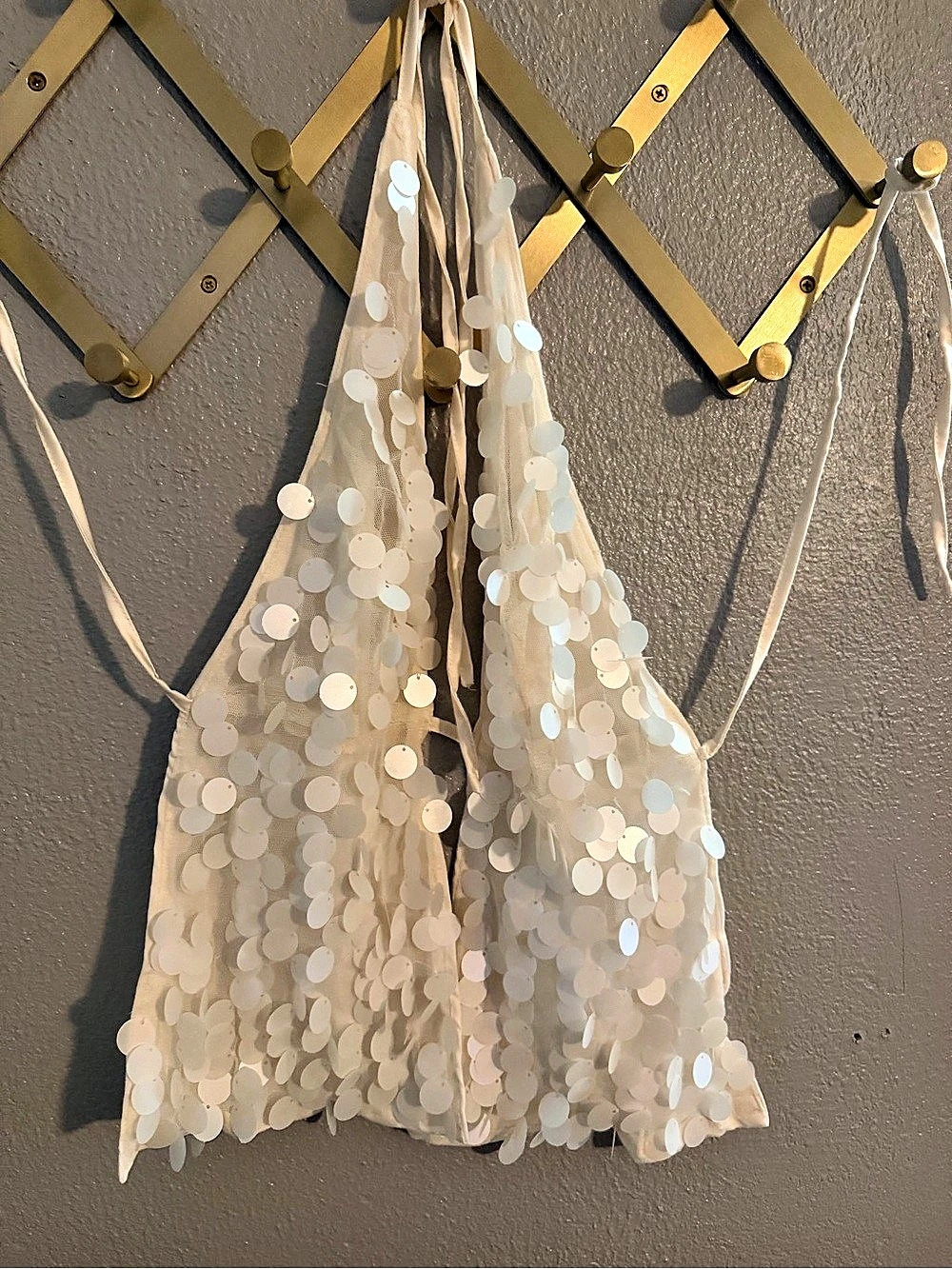 Sequin Open Front Crop Top in White Like New